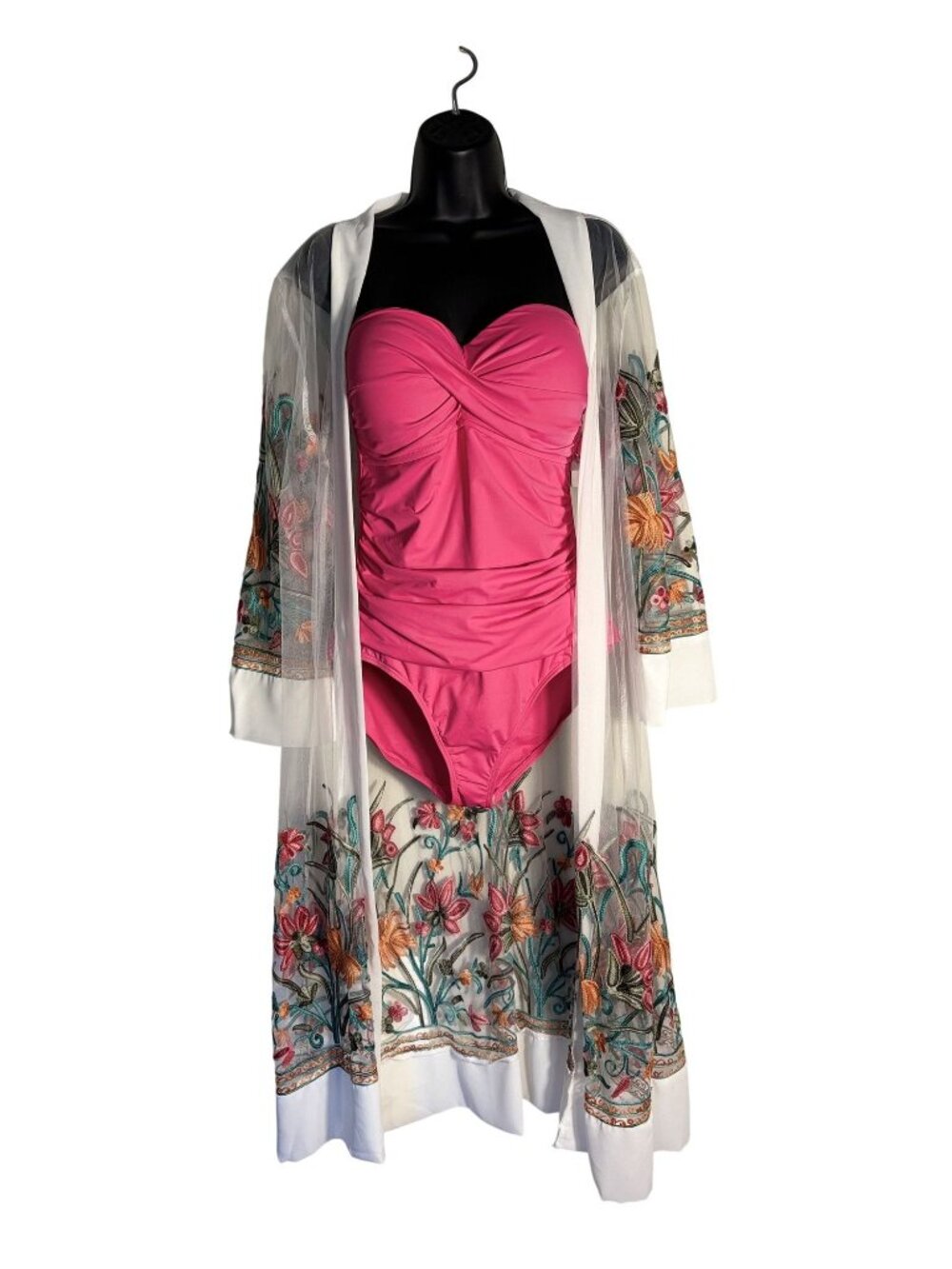 Floral Embroidered Sheer Kimono Cover-Up With White Hem & 3/4 Sleeves - XL - Picture 8 of 9